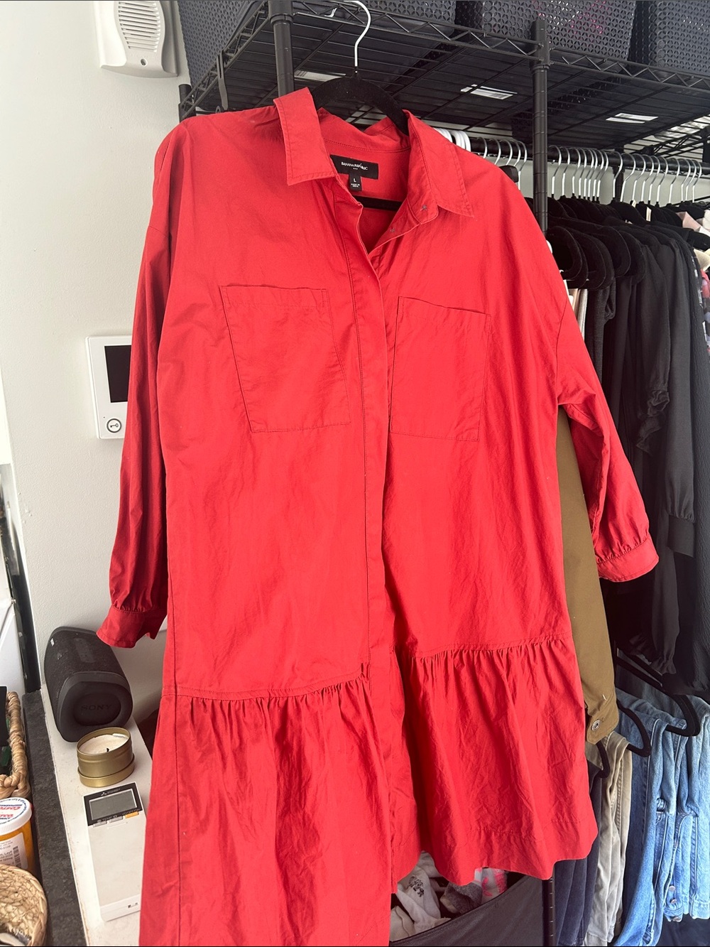 Banana Republic Red Long-Sleeve Tiered Shirt Dress